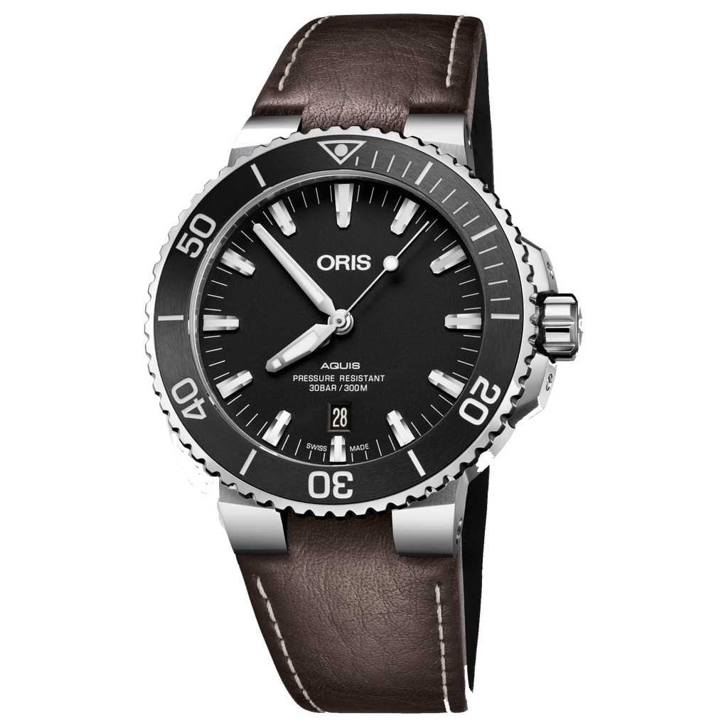 Oris Aquis Date 43.5mm Black Dial Leatherstrap dark brown The